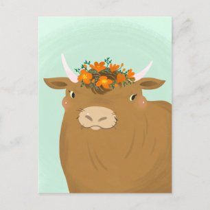 Carte postale Taureau Brun avec Couronne de Fleurs