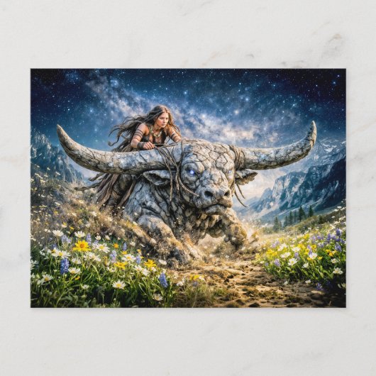 Carte Postale Taurus Zodiac Riding a Mystical Horned Beast (Devant)