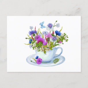 Carte Postale Tea d'aquarelle avec Cornflowers, Fleur sauvage