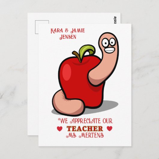 Carte Postale Teacher Appréciation Worm in Apple Ajouter un nom (Devant / Derrière)