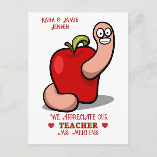 Carte Postale Teacher Appréciation Worm in Apple Ajouter un nom (Devant)