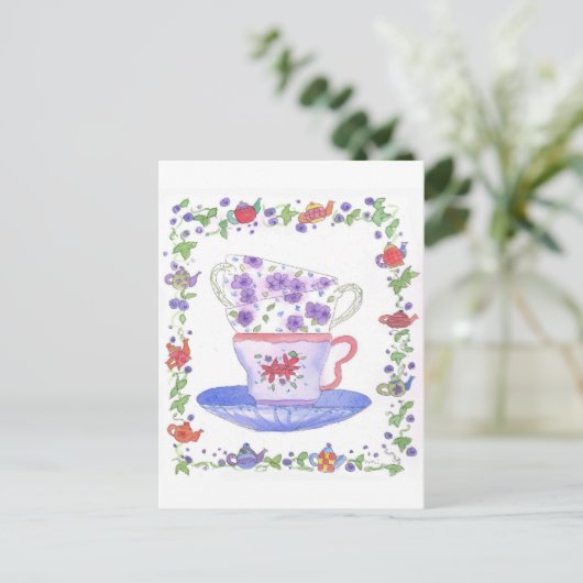 Carte Postale Teacup Stack Tea Time Aquarelle Fleurs (Debout devant)