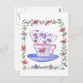 Carte Postale Teacup Stack Tea Time Aquarelle Fleurs (Devant / Derrière)