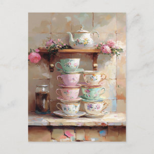 Carte Postale Teacups Tea Pot Set cuisine