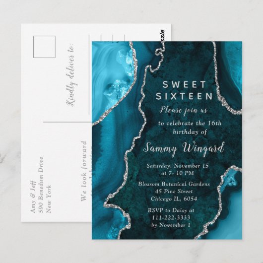 Carte Postale Teal Blue et Agate Marble Sweet Sixteen (Devant / Derrière)