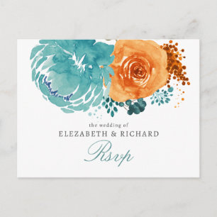 Carte Postale Teal Orange Brûlé Floral Mariage d'Automne Rsvp