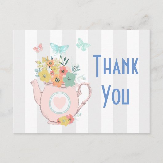 Carte Postale Teapot rose avec Fleurs et Papillons Merci (Devant)