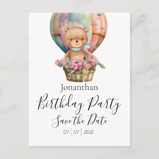 Carte Postale Teddy Bear Anniversaire de fête Enregistrer la dat (Devant)
