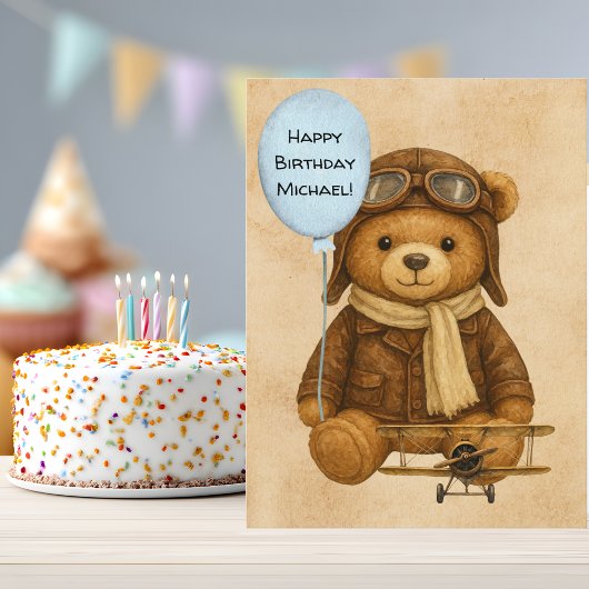 Carte Postale Teddy Bear Avion Vintage Birthday Whimsical