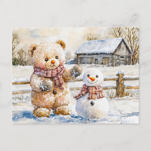 Carte Postale Teddy Bear Construire un Snowman (Devant)