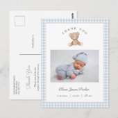 Carte Postale Teddy Bear Gingham Baby Boy Birth Announcement (Devant / Derrière)