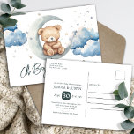 Carte Postale Teddy Bear Over the Moon Baby shower<br><div class="desc">Jolie aquarelle d'ours en peluche dans les tons bronze, marron et bleu. Grand thème baby shower bébé garçon. Nuages aquarelle, lune, étoiles et ours en peluche mignon. Invitations personnalisées / personnalisées de douche bébé. Disponible en téléchargement numérique. Recherchez les articles correspondants dans ma catégorie de baby shower dans la boutique....</div>