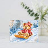 Carte Postale Teddy Bear Sledding Descente en hiver (Debout devant)