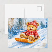 Carte Postale Teddy Bear Sledding Descente en hiver (Devant / Derrière)