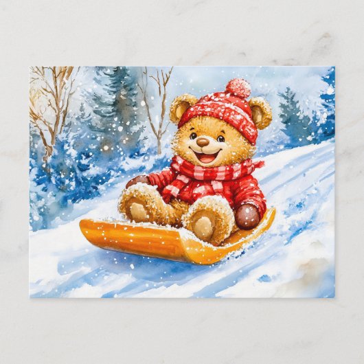 Carte Postale Teddy Bear Sledding Descente en hiver (Devant)