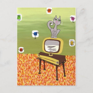 Carte Postale Télévision atomique et chat cool
