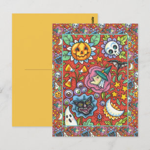 CARTE POSTALE TÉMOIN, CHAT, GHOST, COLORÉ HALLOWEEN FOLK GARDEN