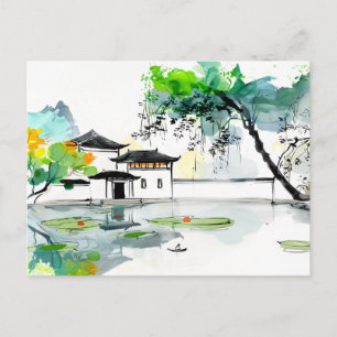 Carte Postale Temple chinois au bord d'un étang de lotus