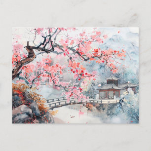 Carte Postale Temple chinois d'aquarelle avec fleurs de cerisier