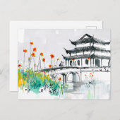 Carte Postale Temple chinois par un étang à fleurs (Devant / Derrière)