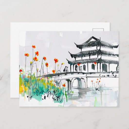 Carte Postale Temple chinois par un étang à fleurs (Devant / Derrière)