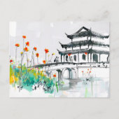 Carte Postale Temple chinois par un étang à fleurs (Devant)