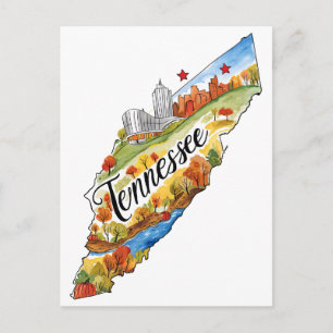 Carte Postale Tennessee États-Unis État Forme Aquarelle Vintage
