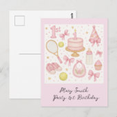 Carte Postale Tennis 1er anniversaire pour bébé fille rose tonal (Devant / Derrière)