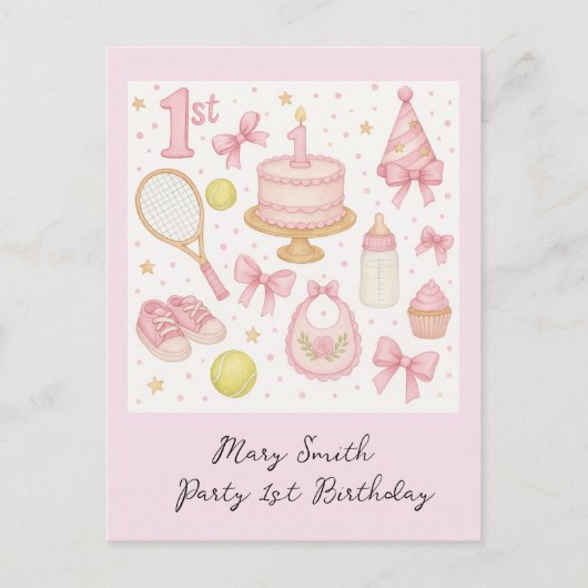 Carte Postale Tennis 1er anniversaire pour bébé fille rose tonal (Devant)