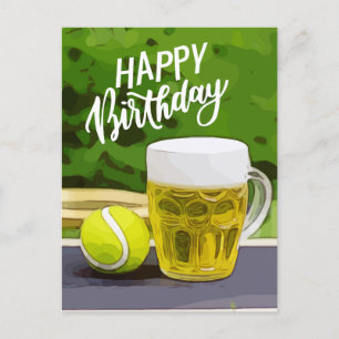 Carte Postale Tennis Anniversaire avec bière et raquette à balle