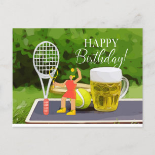 Carte Postale Tennis Anniversaire avec bière et raquette à balle