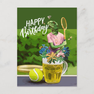 Carte Postale Tennis Anniversaire avec bière et raquette à balle