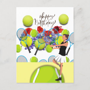 Carte Postale Tennis Anniversaire avec femme joueur et fleur