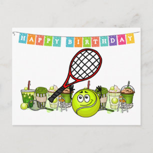 Carte Postale Tennis Ball Funny Face avec mot Joyeux anniversair