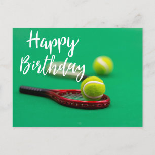 Carte Postale Tennis et raquette rouge sur green Joyeux Annivers