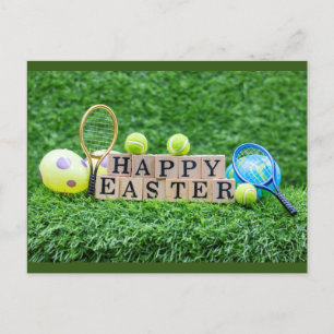 Carte Postale Tennis Joyeux Pâques avec boule raquette et oeufs 