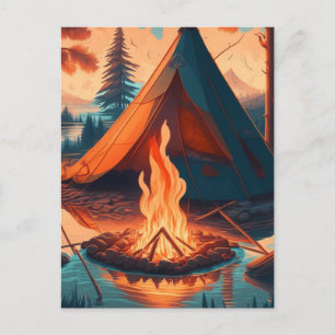 Carte Postale Tente et feu de camp couleurs vintage Art