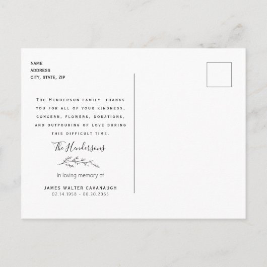 Carte Postale Terracotta Foliage Funérailles Merci Nom et date (Dos)