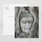 Carte Postale Tête de Bouddha en grès entourée d'un arbre (Devant / Derrière)