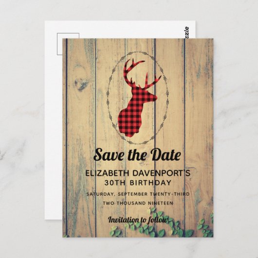 Carte Postale Tête de cerf - Red Plaid Rustic Enregistrer la dat (Devant / Derrière)