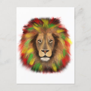 Carte Postale Tête de lion Rasta rouge jaune vert dessin Jamaïqu