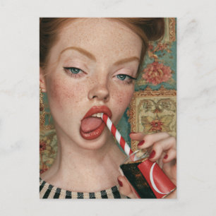 Carte Postale Tête Roux Rétro Buvant du Soda