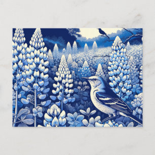 Carte Postale Texas Bluebonnets et Northern Mockingbird Texan