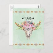 Carte Postale Texas Boho Crâne de vache avec fleurs chic tendanc (Devant / Derrière)