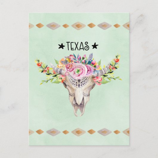 Carte Postale Texas Boho Crâne de vache avec fleurs chic tendanc (Devant)