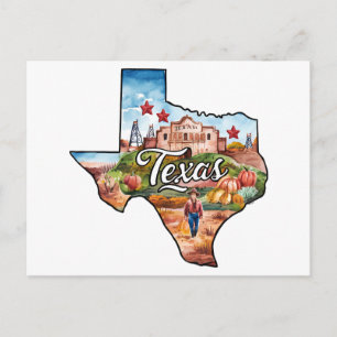 Carte Postale Texas États-Unis État Forme Aquarelle Vintage