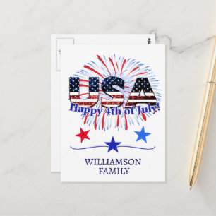 Carte Postale Texte de drapeau américain scintillant feu d'artif