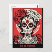 Carte Postale Texte personnalisé 💀 Calavera Pop Art rouge et bl (Devant / Derrière)