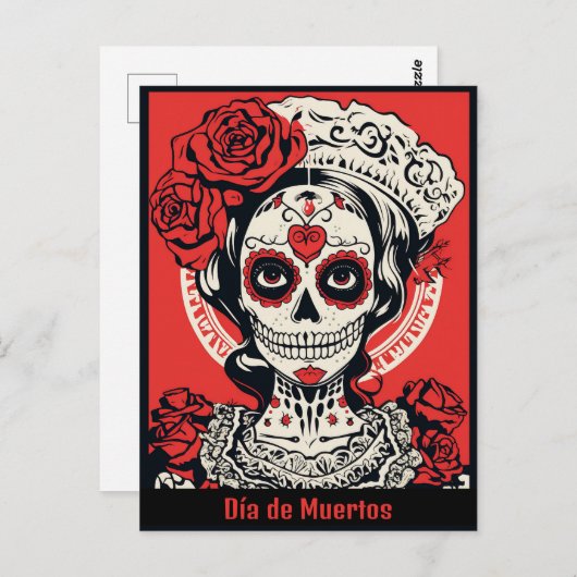 Carte Postale Texte personnalisé 💀 Calavera Pop Art rouge et bl (Devant / Derrière)