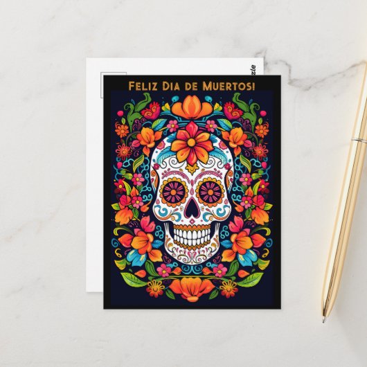 Carte Postale Texte personnalisé Dia de Muertos☠️ Crâne en Sucre